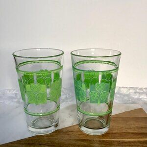 Vintage Libbey‎ Tumbler Glasses Two Green Clover Lucky Shamrock St. Patrick’s